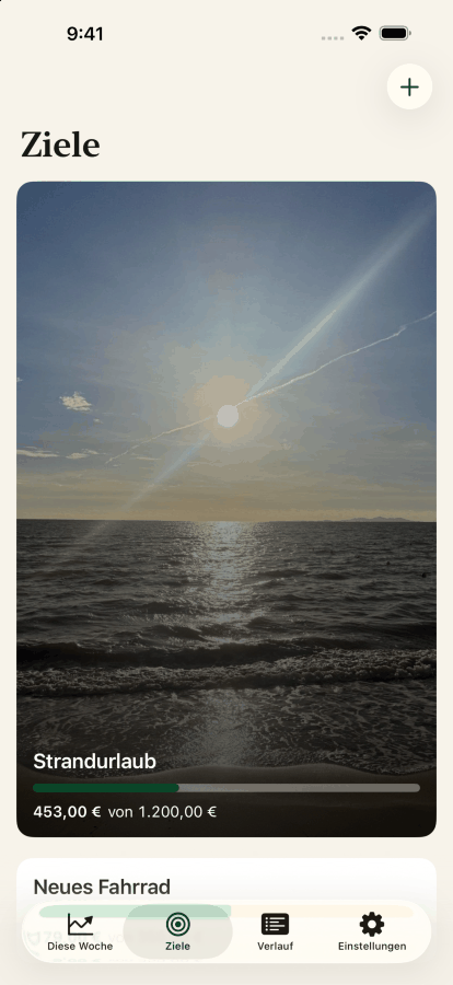 Der Ziele-Bildschirm, mit einem Strandfoto hinter dem Ziel Strandurlaub bei vierhundertzweiundfünfzig von zwölfhundert Dollar.