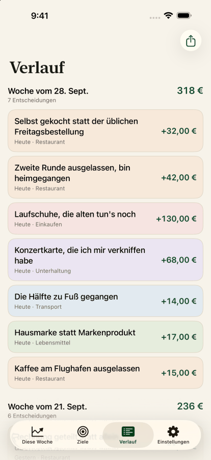 Der Verlaufsbildschirm, mit Entscheidungen gruppiert nach Woche und der Summe jeder Woche.