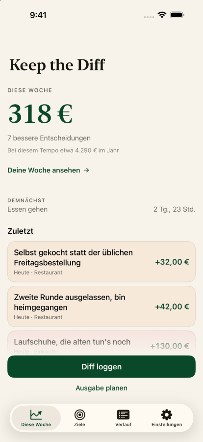 Der Keep-the-Diff-Homescreen mit dem Diff dieser Woche von dreihundertsiebzehn Dollar aus sieben besseren Entscheidungen, darunter die letzten Einträge.