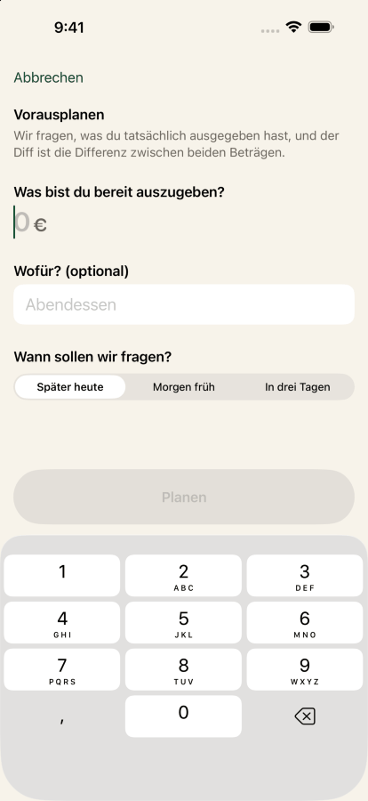Eine Ausgabe in Keep the Diff planen: sechzig Dollar, bezeichnet als Abendessen mit Freunden, mit einer Erinnerung der App in drei Tagen.