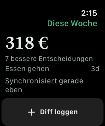 Keep the Diff auf einer Apple Watch, mit dem Diff dieser Woche, einem Countdown bis zur nächsten geplanten Nachfrage und einem Button zum Eintragen.