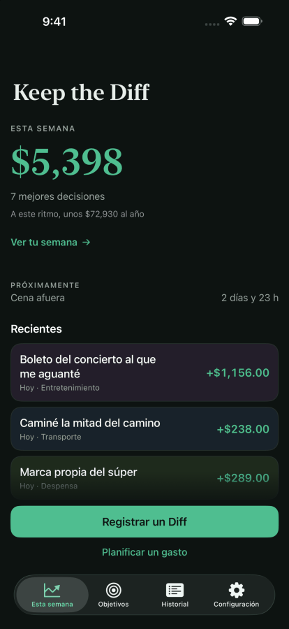 La misma pantalla de inicio en modo oscuro.