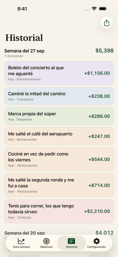 La pantalla de historial, con las decisiones agrupadas por semana y el total de cada una.