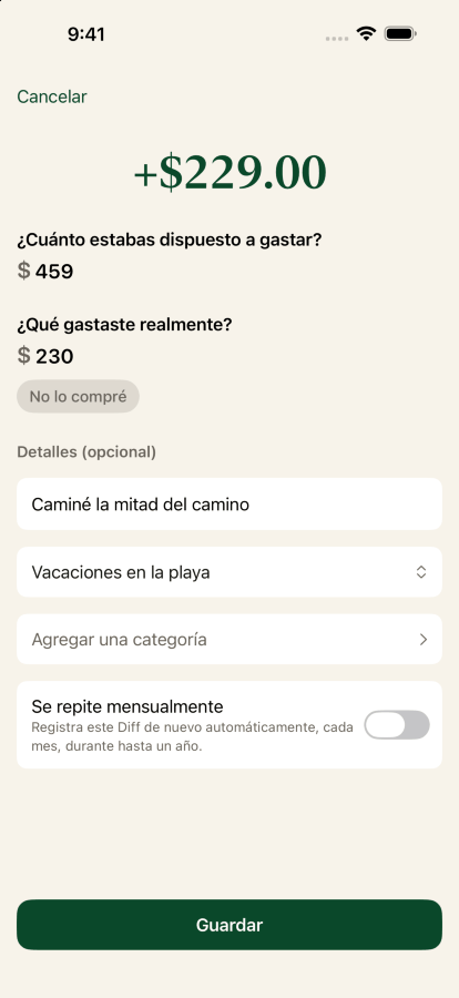 Registrando un Diff: listo para gastar US$27, gastado realmente US$13.51, con la etiqueta caminé la mitad y asignado al objetivo de vacaciones en la playa.