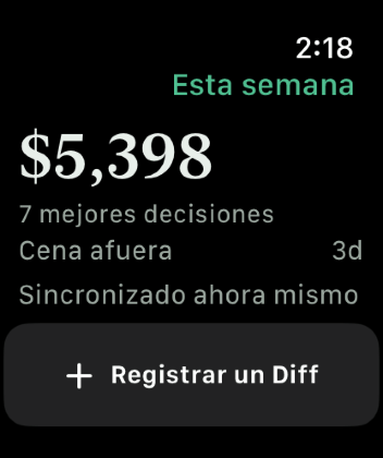 Keep the Diff en un Apple Watch, con el Diff de esta semana, una cuenta regresiva hacia el próximo recordatorio y un botón para registrar otro.