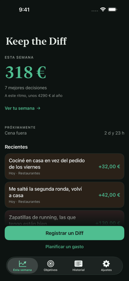 La misma pantalla de inicio en modo oscuro.