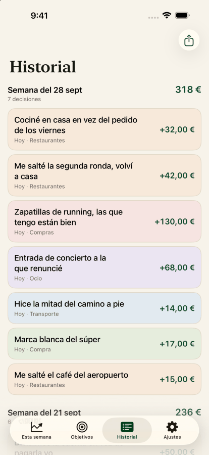 La pantalla de historial, mostrando decisiones agrupadas por semana con el total de cada semana.