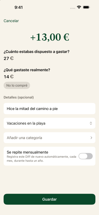 Anotando un Diff: dispuesto a gastar veintisiete dólares, gastado realmente trece con cincuenta y uno, etiquetado caminé la mitad y enviado a la meta de vacaciones en la playa.