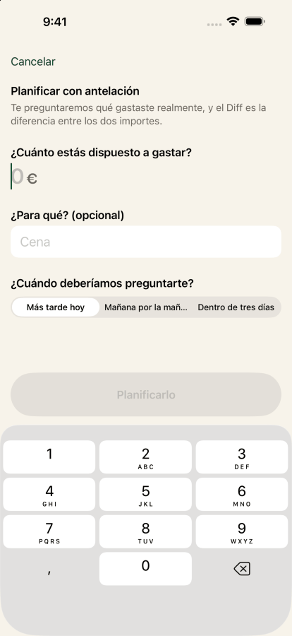 Planeando un gasto en Keep the Diff: sesenta dólares, etiquetado cena con amigos, con la app configurada para preguntar de nuevo en tres días.