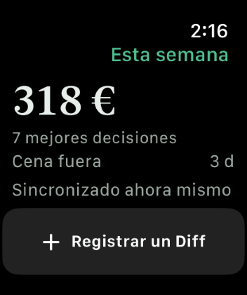 Keep the Diff en un Apple Watch, mostrando el Diff de esta semana, una cuenta atrás hasta el próximo recordatorio planeado y un botón para anotar otro.