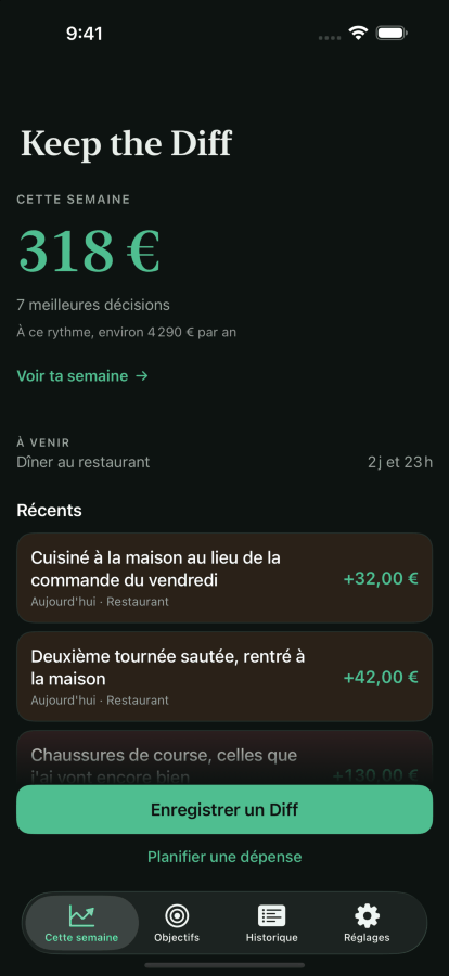 Le même écran d'accueil en mode sombre.