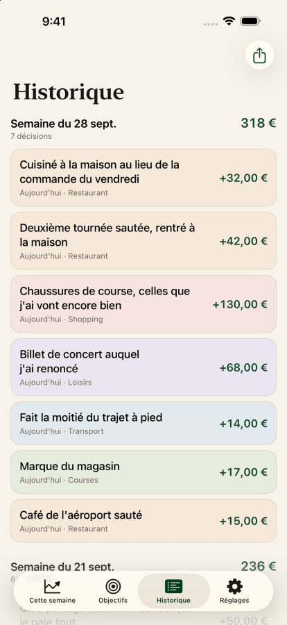 L'écran d'historique, avec les décisions regroupées par semaine et le total de chaque semaine.