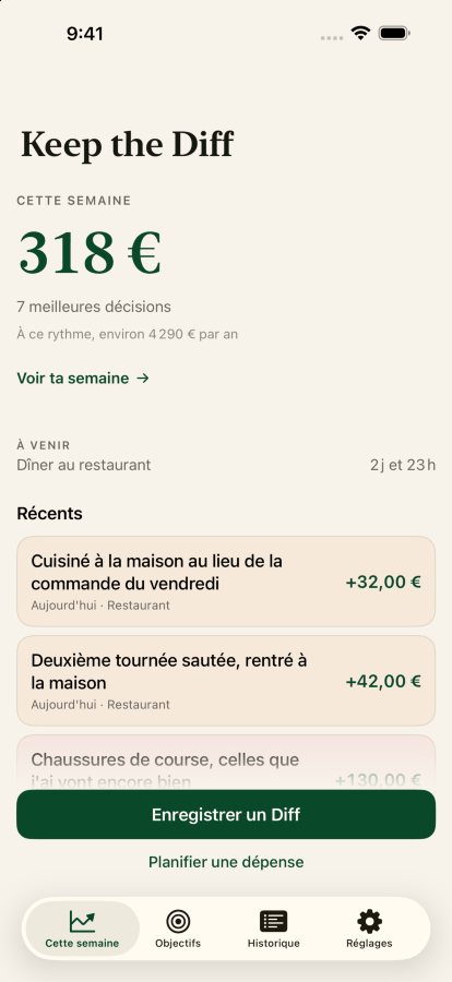 L'écran d'accueil de Keep the Diff avec le Diff de cette semaine à trois cent dix-sept dollars pour sept meilleures décisions, avec les dernières entrées.