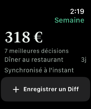 Keep the Diff sur une Apple Watch, avec le Diff de cette semaine, un compte à rebours jusqu'au prochain rappel planifié et un bouton pour enregistrer.