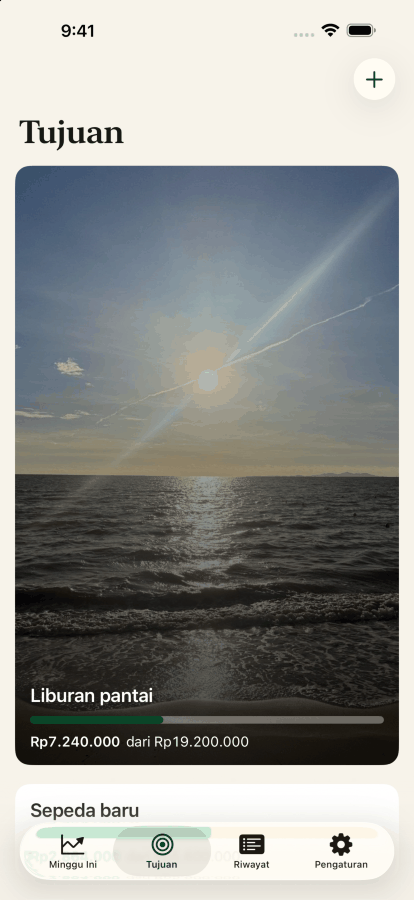 Layar Tujuan, dengan foto pantai di belakang tujuan liburan ke pantai senilai Rp7.232.000 dari Rp19.200.000.