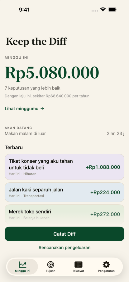 Layar utama Keep the Diff, dengan Diff minggu ini sebesar Rp5.072.000 dari tujuh keputusan lebih baik, dan yang terbaru tepat di bawahnya.