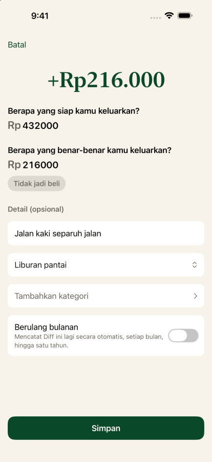 Mencatat sebuah Diff: siap membelanjakan Rp432.000, benar-benar membelanjakan Rp216.000, dengan label jalan kaki separuh perjalanan dan diarahkan ke tujuan liburan ke pantai.