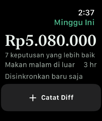 Keep the Diff di Apple Watch, menampilkan Diff minggu ini, hitung mundur ke pengingat rencana berikutnya, dan tombol untuk mencatat satu lagi.