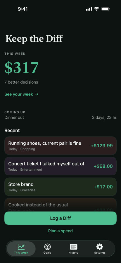 The same home screen in dark mode.