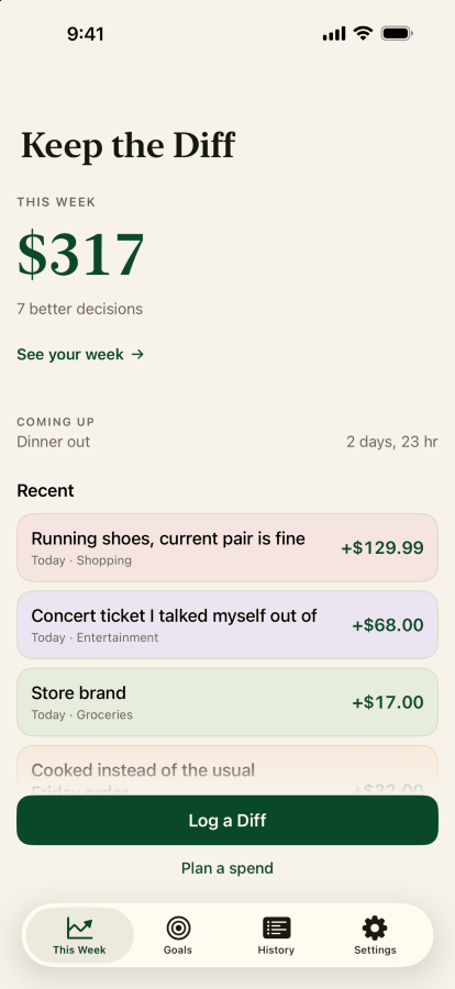 The Keep the Diff home screen, with this week's Diff of three hundred and seventeen dollars from seven better decisions, and the latest ones below it.