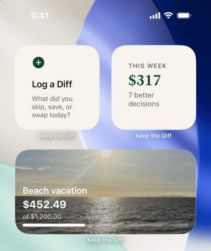 An iPhone Home Screen with three Keep the Diff widgets: Log a Diff, this week's Diff of three hundred and seventeen dollars from seven better decisions, and the beach vacation goal with its photo at four hundred fifty two dollars of twelve hundred.