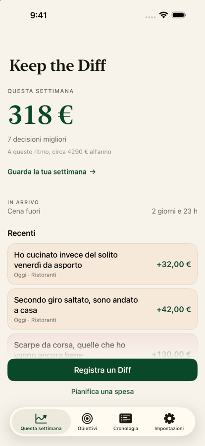 La schermata Home di Keep the Diff, con il Diff di questa settimana di trecentodiciassette dollari da sette decisioni migliori, e le ultime sotto.