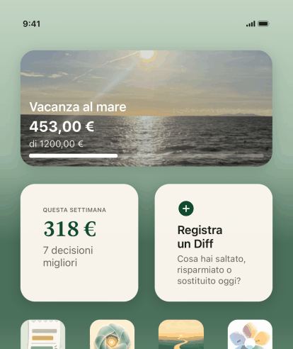 Una schermata Home di iPhone con tre widget di Keep the Diff: Registra un Diff, il Diff di questa settimana di trecentodiciassette dollari da sette decisioni migliori, e l'obiettivo vacanza al mare con la sua foto a quattrocentocinquantadue dollari su milleduecento.