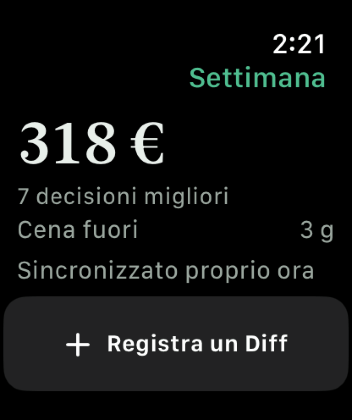 Keep the Diff su un Apple Watch, con il Diff di questa settimana, un conto alla rovescia verso la prossima verifica pianificata e un pulsante per registrarne un'altra.