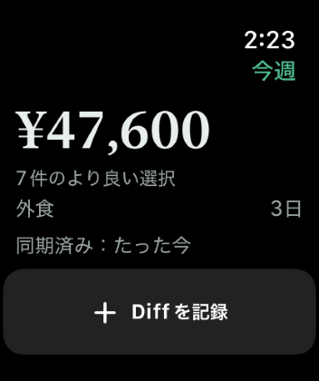 Apple WatchのKeep the Diff。今週のDiff、次の予定の振り返りまでのカウントダウン、そして記録するボタンが表示されています。