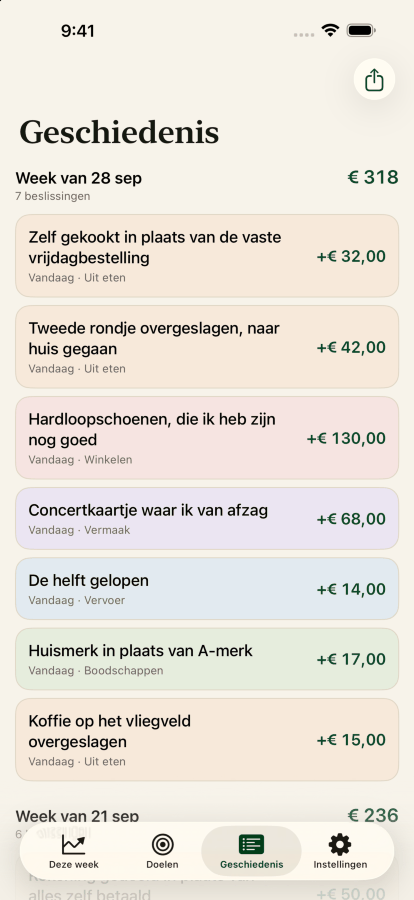 Het geschiedenisscherm, met beslissingen gegroepeerd per week en de som van elke week.