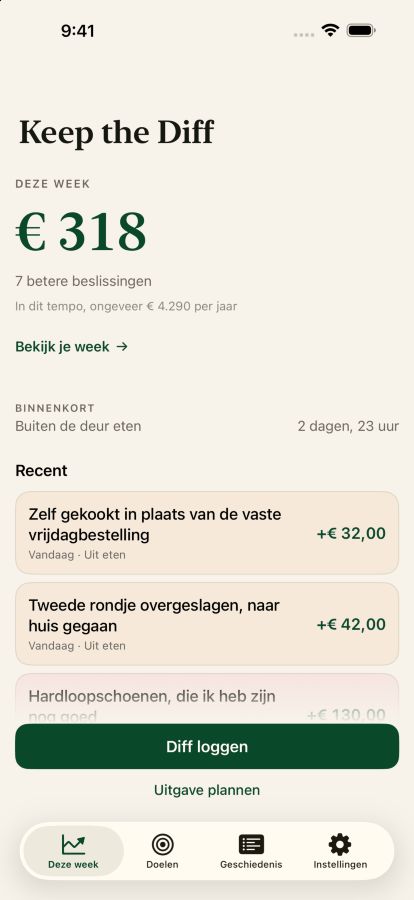 Het Keep the Diff-startscherm met het Diff van deze week van driehonderdzeventien dollar uit zeven betere beslissingen, met de recente vermeldingen.