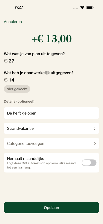 Een Diff vastleggen: zevenentwintig dollar gepland, werkelijk dertien vijftig uitgegeven, met de omschrijving de helft gelopen en gekoppeld aan het doel Strandvakantie.