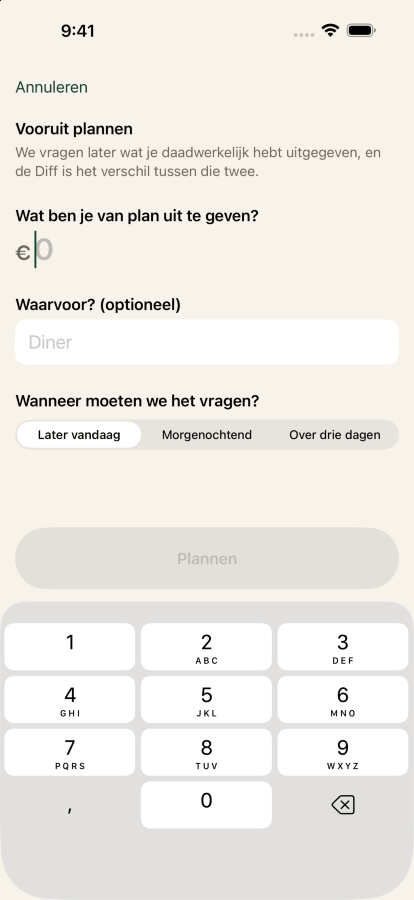 Een uitgave plannen in Keep the Diff: zestig dollar, omschreven als avondeten met vrienden, met een herinnering van de app over drie dagen.