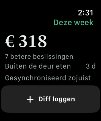 Keep the Diff op een Apple Watch, met het Diff van deze week, een countdown tot de volgende geplande vraag en een knop om vast te leggen.