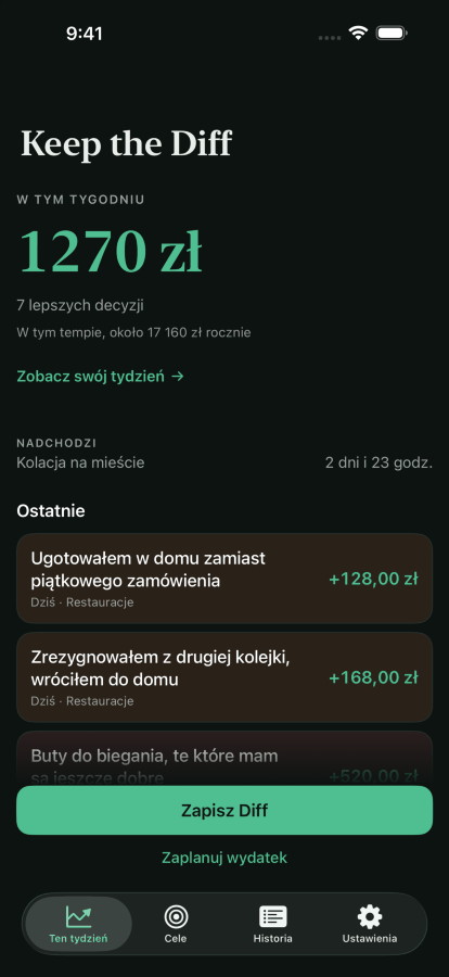 Ten sam ekran główny w trybie ciemnym.