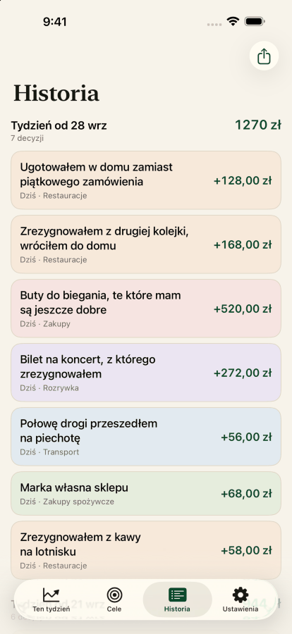 Ekran historii, pokazujący decyzje pogrupowane tygodniami, z sumą każdego tygodnia.