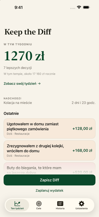Ekran główny Keep the Diff, z Diffem tego tygodnia w wysokości trzystu siedemnastu złotych z siedmiu lepszych decyzji i najnowszymi z nich poniżej.