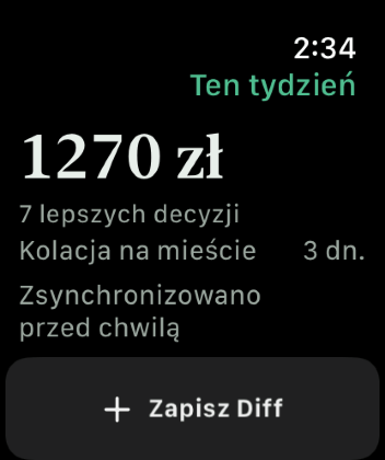 Keep the Diff na Apple Watch, pokazujący Diff tego tygodnia, odliczanie do kolejnego zaplanowanego przypomnienia i przycisk do zapisania kolejnej decyzji.