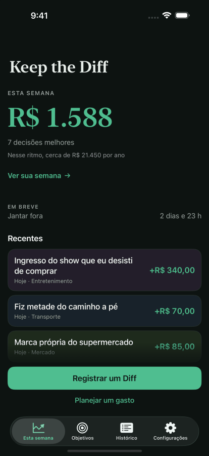 A mesma tela inicial em modo escuro.