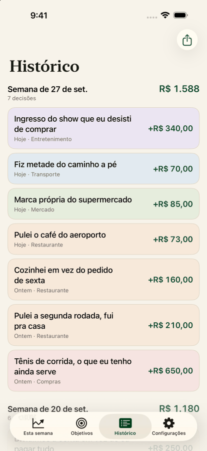 A tela de histórico, mostrando decisões agrupadas por semana com o total de cada semana.