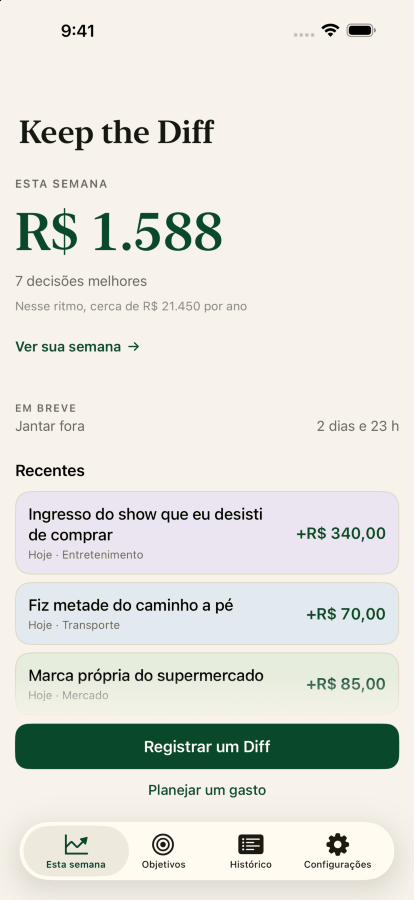 A tela inicial do Keep the Diff, com o Diff desta semana de trezentos e dezessete dólares a partir de sete decisões melhores, e as mais recentes logo abaixo.