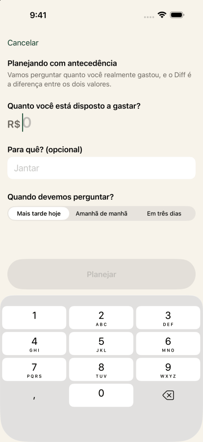 Planejando um gasto no Keep the Diff: sessenta dólares, com a etiqueta jantar com amigos, e o app configurado para perguntar de novo em três dias.