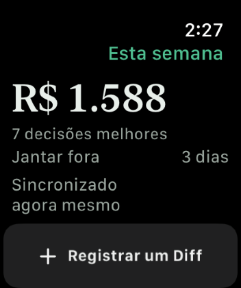 O Keep the Diff em um Apple Watch, mostrando o Diff desta semana, uma contagem regressiva para o próximo lembrete planejado e um botão para registrar outro.