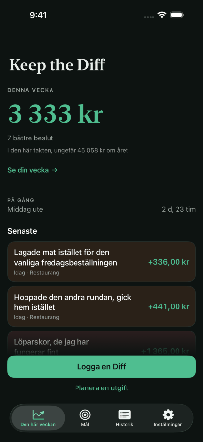 Samma hemskärm i mörkt läge.