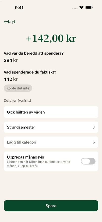 Att logga en diff: tjugosju dollar planerat, faktiskt tretton femtio spenderat, med beskrivningen gick halva vägen och kopplad till målet Strandsemester.