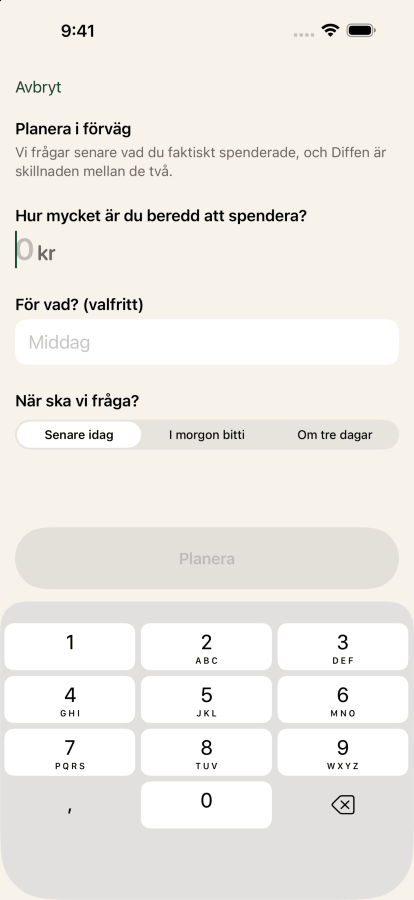 Att planera en utgift i Keep the Diff: sextio dollar, beskrivet som middag med vänner, med en påminnelse från appen om tre dagar.
