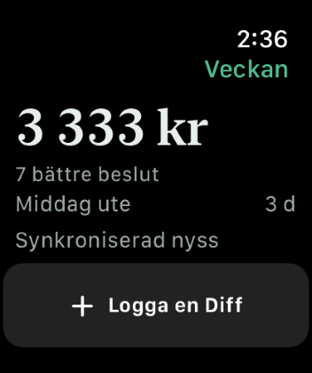 Keep the Diff på en Apple Watch, med veckans Diff, en nedräkning till nästa planerade fråga och en knapp för att logga.