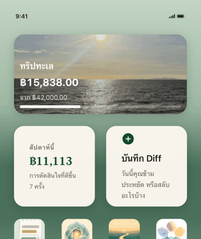หน้าจอโฮมของ iPhone ที่มีวิดเจ็ต Keep the Diff สามตัว บันทึก Diff, Diff ของสัปดาห์นี้ ฿11,113 จากการตัดสินใจที่ดีขึ้นเจ็ดครั้ง และเป้าหมายทริปทะเลพร้อมรูป ที่ ฿15,838.00 จาก ฿42,000.00