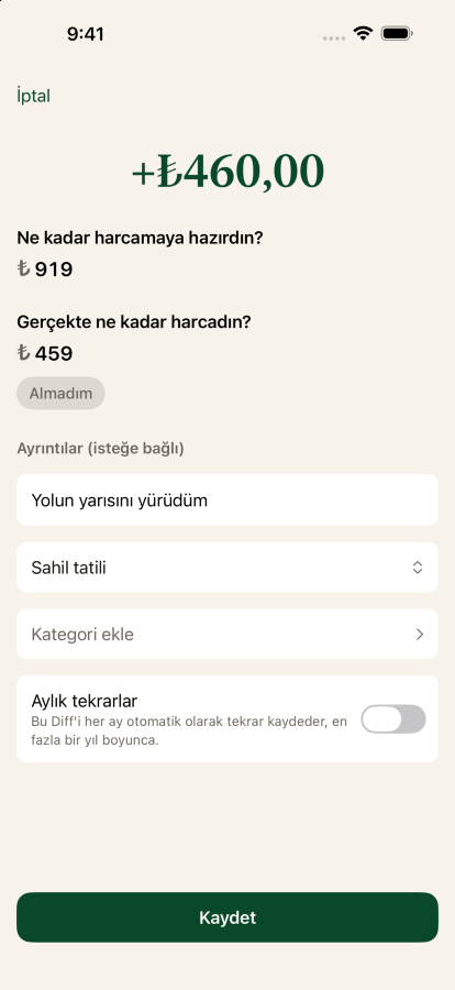 Bir Diff kaydetme: yirmi yedi dolar harcamaya hazır, gerçekte on üç virgül elli bir harcandı, yolun yarısını yürüdüm etiketiyle ve plaj gezisi hedefine gönderildi.