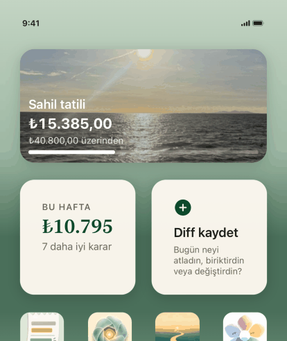 Üç Keep the Diff widget'ı olan bir iPhone ana ekranı: Diff kaydet, yedi daha iyi karardan oluşan üç yüz on yedi dolarlık bu haftanın Diff'i, ve fotoğrafıyla plaj gezisi hedefi, bin iki yüzde dört yüz elli iki dolar.